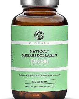 Капсулы NatiCol Sea Collagen от Qidosha, 180 штук, в аптечном стеклянном стакане, морской коллаген, гидролизат морского коллагена типа 1, чистый коллагеновый протеин, морской коллаген, немецкое производство.