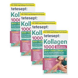 tetesept Collagen 1000 Intens - Биологически активная добавка с коллагеном, витамином С, биотином, медью и марганцем - Для соединительной ткани и красивого цвета лица - 4 x 30 таблеток