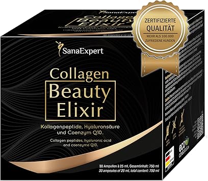 SanaExpert Beauty Elixir Collagen Verisol, гиалуроновая кислота, коэнзим Q10, 30 ампул (по 25 мл каждая), пищевая добавка, произведено в Германии.