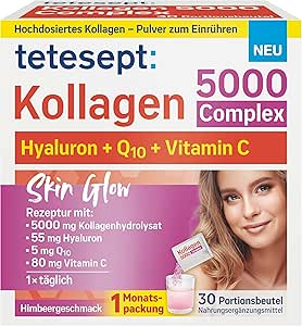 tetesept Collagen 5000 Complex Высококачественный косметический коллагеновый комплекс с гидролизатом коллагена, гиалуроновой кислотой, Q10 и витамином C - для красивой, сияющей кожи - 1 x 30 порционных пакетов