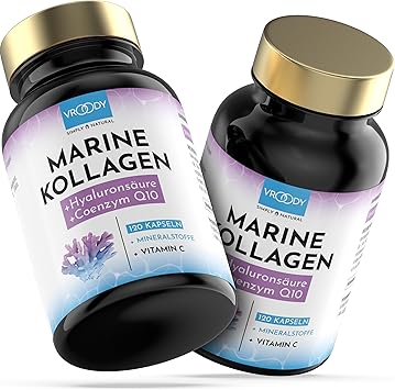 VROODY Premium Marine Collagen Combo 1000 mg + Q10, гиалуроновая кислота, медь, марганец, витамин С, цинк и биотин способствуют поддержанию нормального состояния кожи и волос; произведено в Австрии компанией VROODY — упаковка из 2 штук