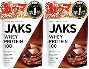 JAKS Whey Protein 450g - Made in Japan. Delicious, contains 11 types of vitamins per serving, all-in-one formula, high protein powder, easily dissolves (450g, chocolate flavor), 30 servings (15 servings x 2 bags).