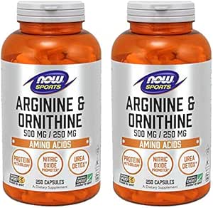 Now Foods [Set of 2] [2.5 Times] Large Increase: L-Arginine & L-Ornithine 500 mg 250mg 250 Capsules [Approx. 40 to 125 Days] [Health...