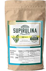 Hawaiian Spirulina Pure 100, Hawaiian Spirlina, Made in Hawaii, No Additives, 100% Natural Spirlina, 200 mg x 300 Tablets (Approx. 1 Month Supply), Super Food, Essential Amino Acids, Beta-Carotene, Mineral, Vitamin, Vanadium Magnesium