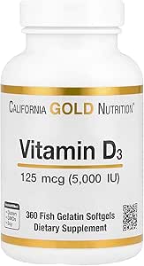 California Gold Nutrition, Vitamin D3, 125 mcg (5,000 IU), Fish Gelatin Softgels 360 Count