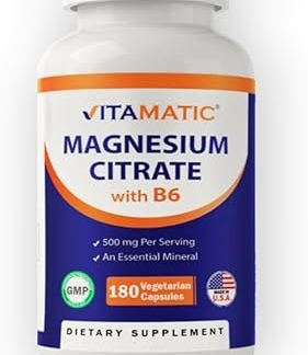 Magnesium Citrate 500 mg + Vitamin B6 Formulated | 180 Capsules (Approx. 6 Months Work, Veggie Capsule) Vitamatic