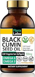 Black Cumin Seed Oil 500 mg 120 Vegan Soft Gel, Approx. 60 Day Supply | Flora Labo Biodynamic Farming, Cold Press, Extra Virgin Oil, Black Cuin Seed Oil Vegan Softgels Supplement