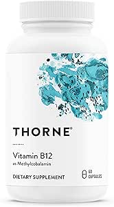 Thorne Vitamin B12 Supplement, Methyl Cobalamine, 0.04 oz (1 mg), For Those Who Do Not Take Animal Foods, 60 Capsules, Set of 1 [Total 60 Capsules]