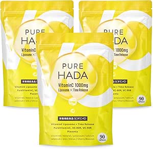 Vitamin C Multivitamin Placenta, High Concentration, 1,000 mg, Time Release x Liposome, 200 mg x 90 Capsules, PURE HADA, Set of 3