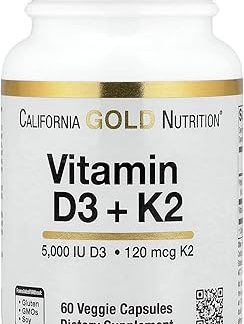 California Gold Nutrition, Vitamin D3+K2 (MK-7 [Menakinone 7]), 60 Veggie Capsules