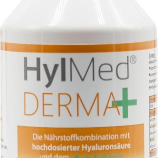 Derma+, гиалуроновая кислота в виде напитка с коллагеном, цинком, витаминами A, C, B2, B3 и биотином для поддержания нормального состояния кожи после 25 дней.