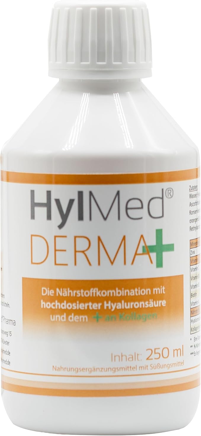 Derma+, гиалуроновая кислота в виде напитка с коллагеном, цинком, витаминами A, C, B2, B3 и биотином для поддержания нормального состояния кожи после 25 дней.