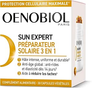 Oenobiol Sun Expert 3-в-1 солнцезащитное средство, тройное действие: защита клеток, интенсивный загар, комплексное омоложение, клинически доказанная эффективность, пищевая добавка, 30 вегетарианских капсул.