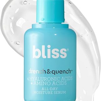 Сыворотка Bliss Drench Quench с гиалуроновой кислотой и аминокислотами, легкая формула на водной основе, увлажняющая и нежная, подходит для всех типов кожи, чистая, веганская, без вредных добавок.