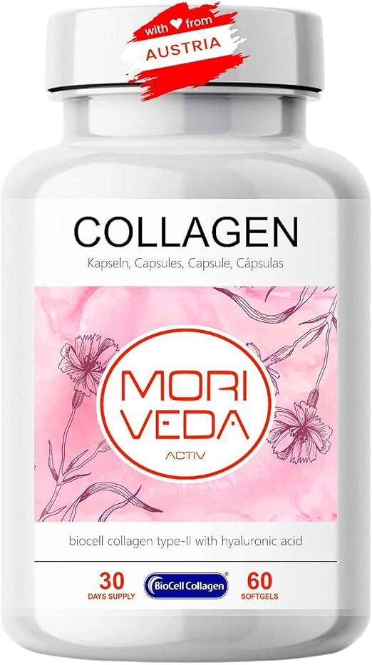 Капсулы MoriVeda BioCell Collagen® I, 60 штук. Содержат коллаген II типа, гиалуроновую кислоту и сульфат коллагена высокой эффективности. Для кожи, волос и гелей. 1 x 60 см.