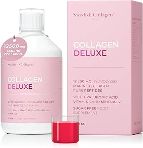 Шведский коллаген - Collagen Deluxe 500 мл жидкий коллаген | 12 500 мг морского коллагена с гиалуроновой кислотой, витаминами и минералами для волос, кожи и ногтей.