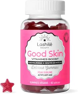 Lashilé Beauty - Биологически активная добавка - Антивозрастной эффект, упругость и сияние кожи по всему миру. Витамины для здоровья кожи - Гиалуроновая кислота, Q10, витамины C и E - Сделано во Франции - 1-месячный курс, 60 жевательных конфет.